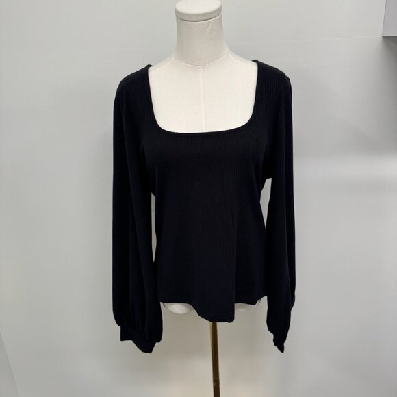 NWT The Drop Black Square Neck Balloon Sleeve Ribbed Top – Size L - Picture 1 of 7